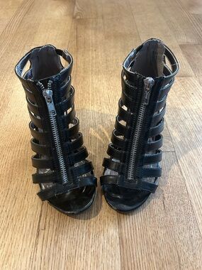 Material Girl Black Strappy Zip-Front Heeled Sandals